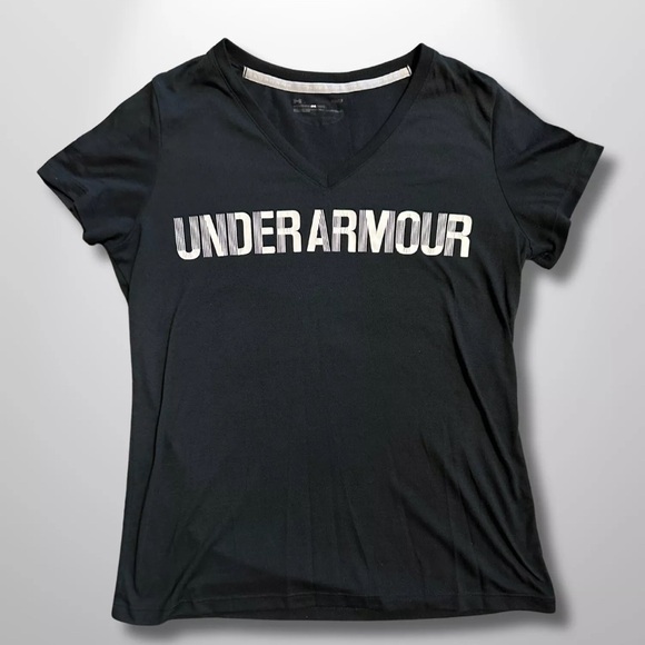 Womenβs Under Armour shirt Black White Logo Fitted Heatgear Short V Neck Large - Picture 1 of 3
